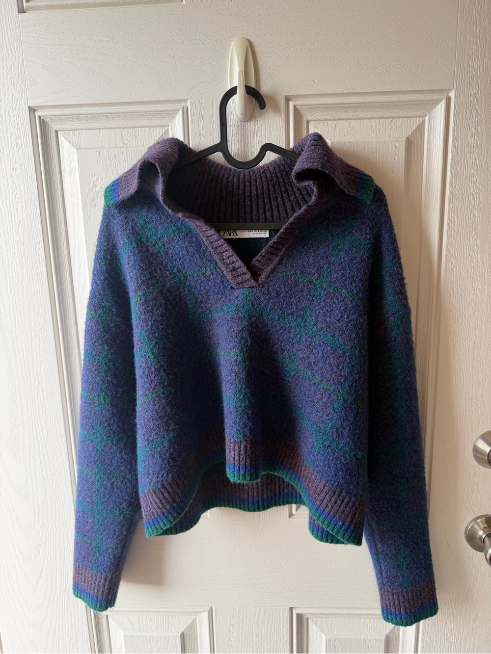 Zara Purple and Green V-Neck Collared Knit Sweater